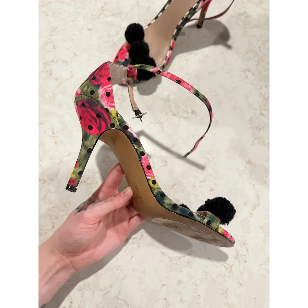 Betsey Johnson Lylly Floral Polka Dot Pom Pom Stiletto Heels Sandals Size 9B - Picture 7 of 7